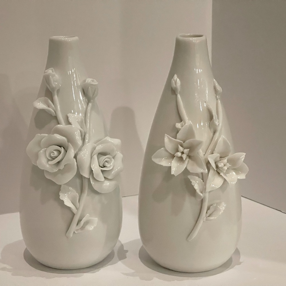 Vintage white glossy handmade porcelain vases, so unique, stunning detail